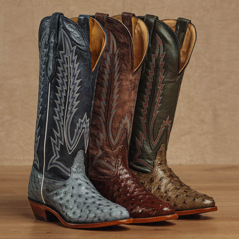 Featured Styles: Women’s Quintana 15 inch Full Quill Ostrich Boots in Denim blue, Olive green, and Kango brown. Shop Quintana 15 inch Full Quill Ostrich Boots.